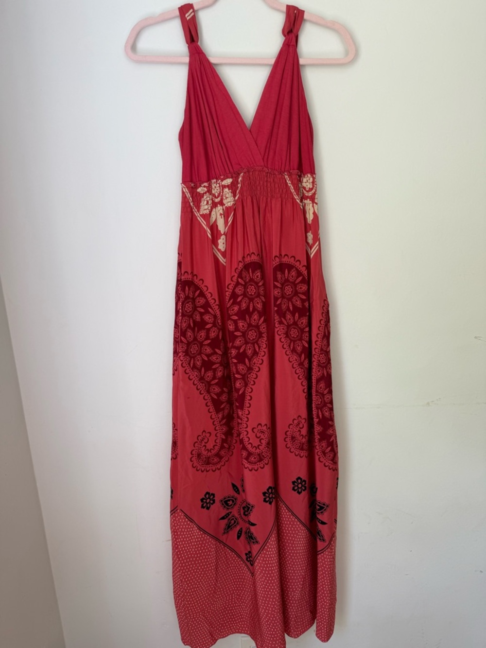 Matty M Silk Maxi Dress Y2K Pink Paisley Smocked L Boho